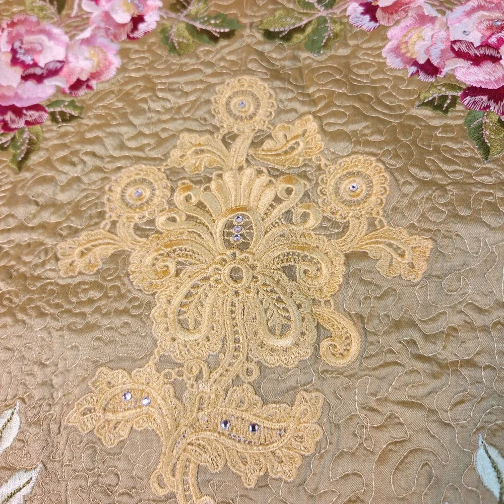 Handmade Quilted Wall Hanging Floral Wreath Lace Cross Rhinestone Gold Pink 2006
